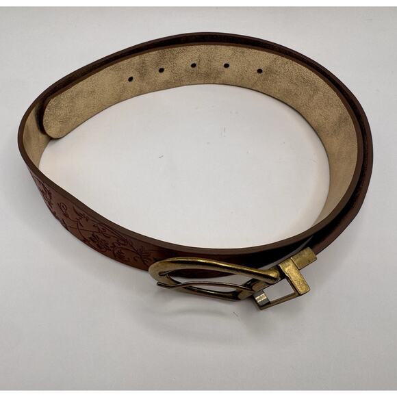 Reversible Brown Floral Embossed Leather Belt Metallic Gold Boho Brass Buckle main image 8